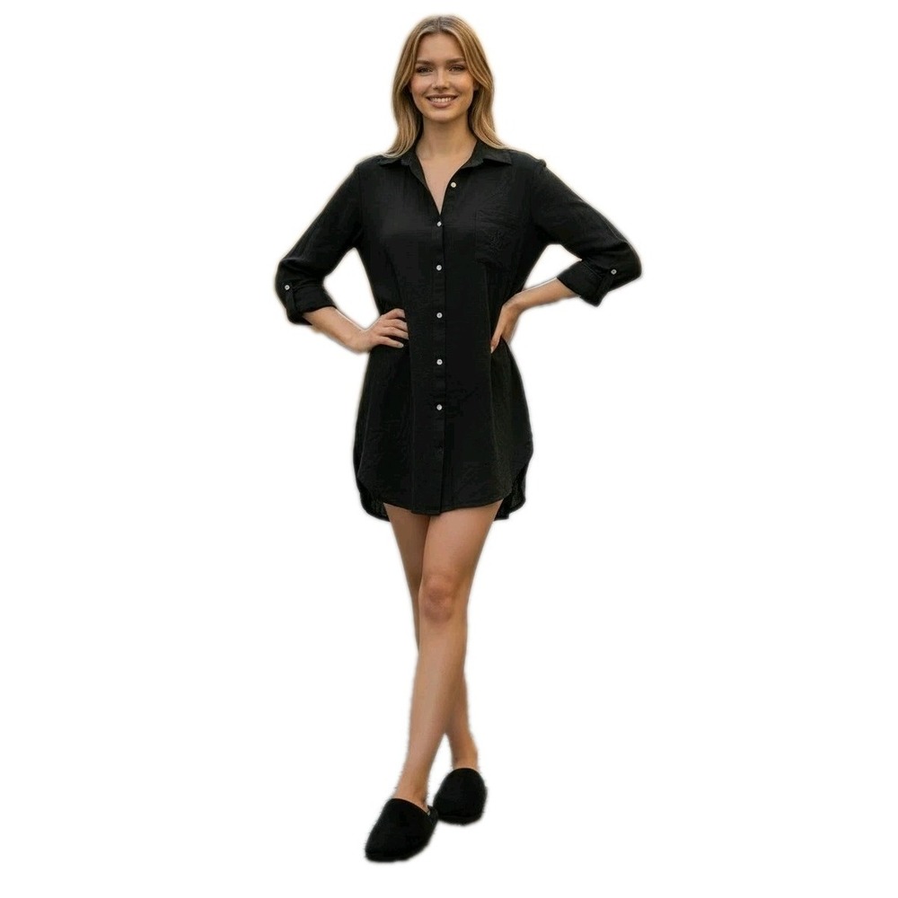 Lauren Ralph Lauren Sleep Shirt SZ L Monogrammed Embroidered Pocket Preppy Black